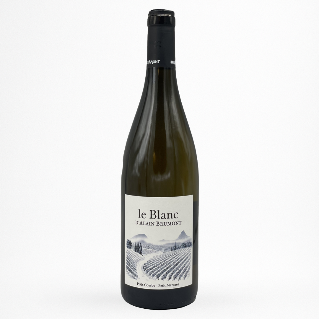 Bouteille de Le Blanc d’Alain Brumont, Pacherenc-du-Vic-Bilh, vin blanc, vue de face sur fond blanc