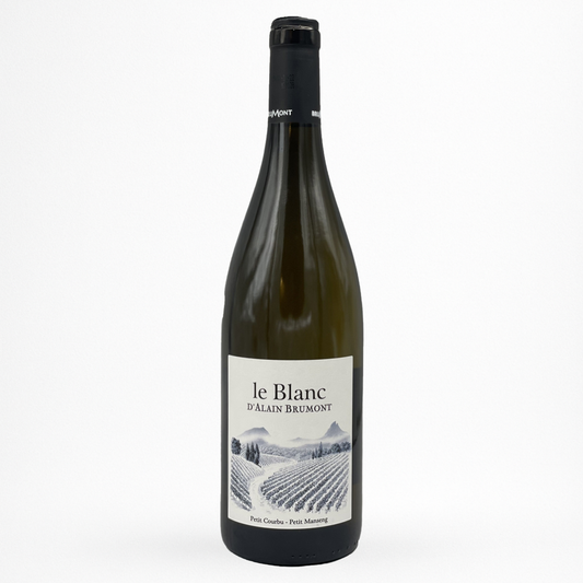 Bouteille de Le Blanc d’Alain Brumont, Pacherenc-du-Vic-Bilh, vin blanc, vue de face sur fond blanc
