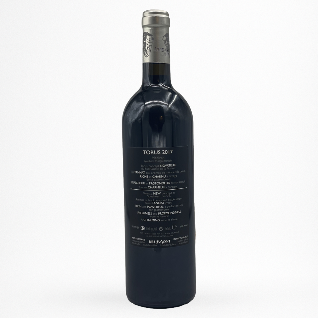 Bouteille de Torus Brumont, Madiran, vin rouge, contre etiquette sur fond blanc