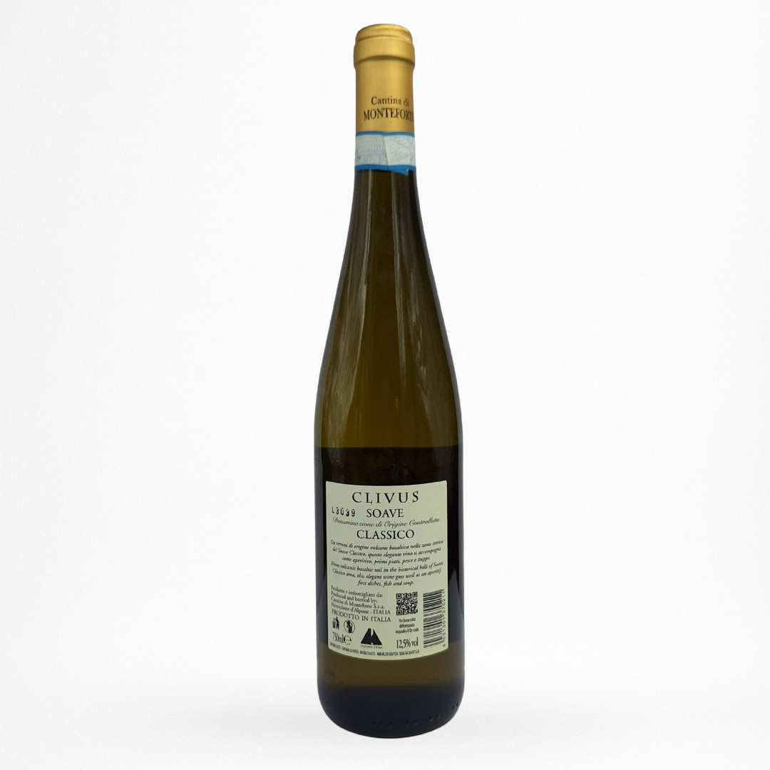 Bouteille de Clivus Soave Classico Cantina di Monteforte, Soave Classico, vin blanc d’Italie, contre etiquette sur fond blanc