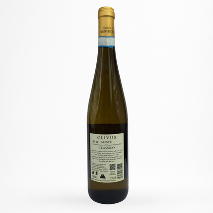 Bouteille de Clivus Soave Classico Cantina di Monteforte, Soave Classico, vin blanc d’Italie, contre etiquette sur fond blanc