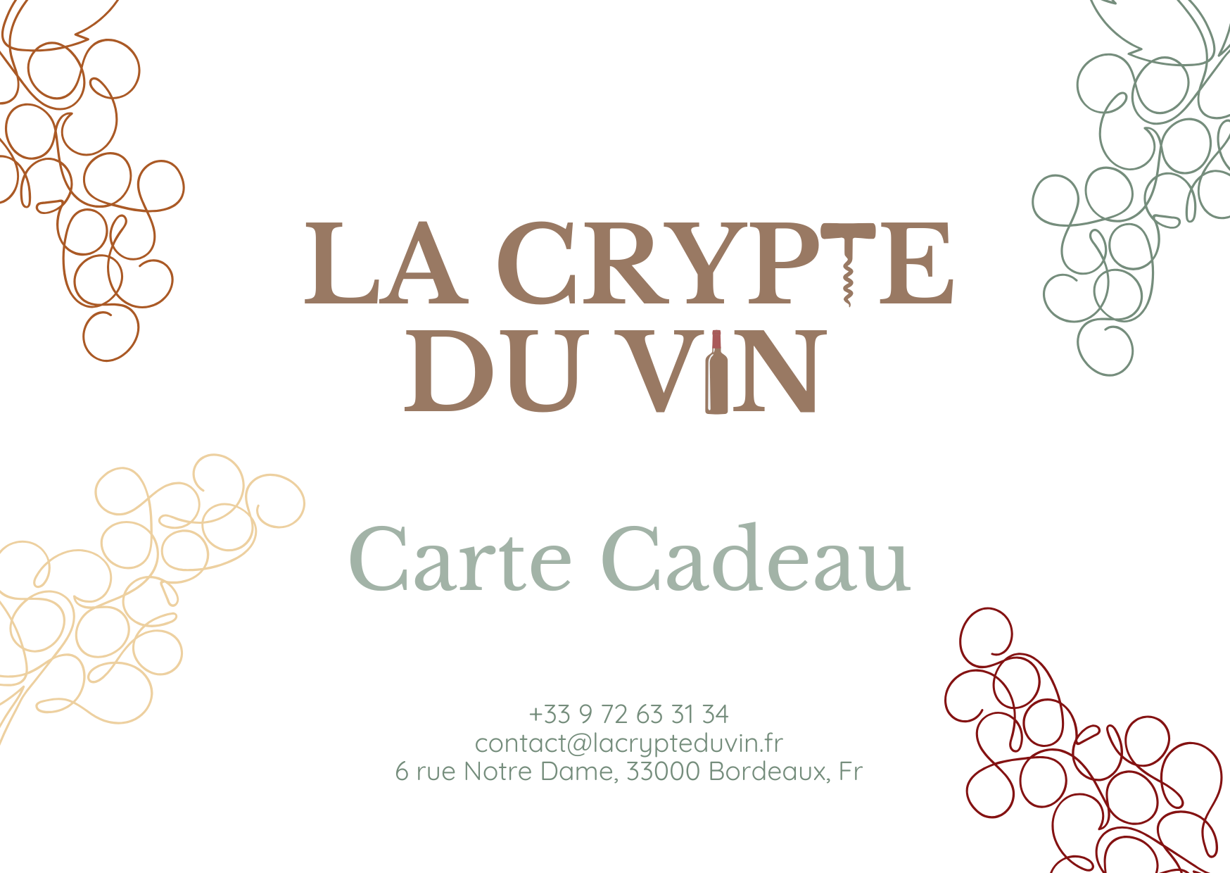Carte cadeau La Crypte du Vin – bon d’achat pour dégustation, vins & spiritueux (logo et coordonnées, Bordeaux)