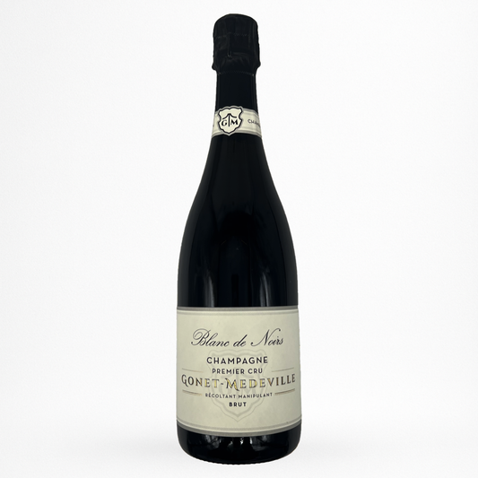 Bouteille de Blanc de Noirs NV 1er Cru Champagne Gonet-Medeville, Champagne, vin effervescent blanc, vue de face sur fond blanc