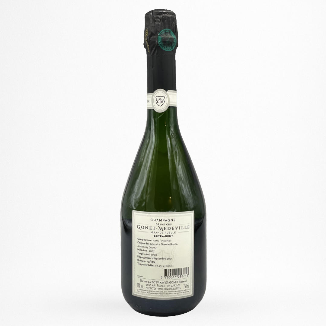 Bouteille de La Grande Ruelle Extra-Brut 2007 Champagne Gonet-Medeville, Grand Cru, vin effervescent blanc, contre etiquette sur fond blanc