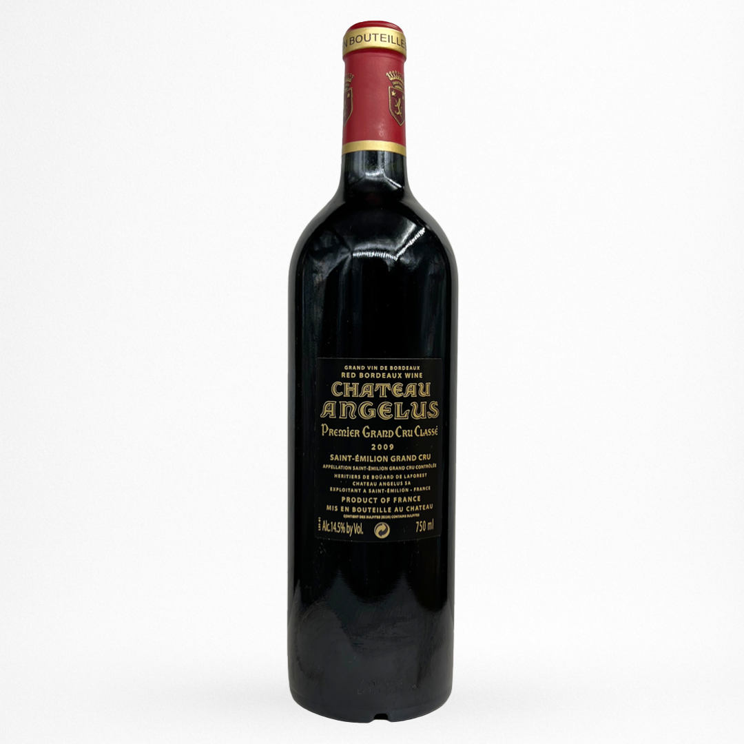 Château Angélus 2009 – Saint-Émilion Grand Cru Classé, contre etiquette bouteille packshot sur fond blanc