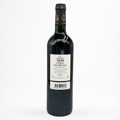 Bouteille d’Amiral de Beychevelle 2014 – Saint-Julien (Château Beychevelle), contre etiquette sur fond blanc, étiquette illustrée d’un navire