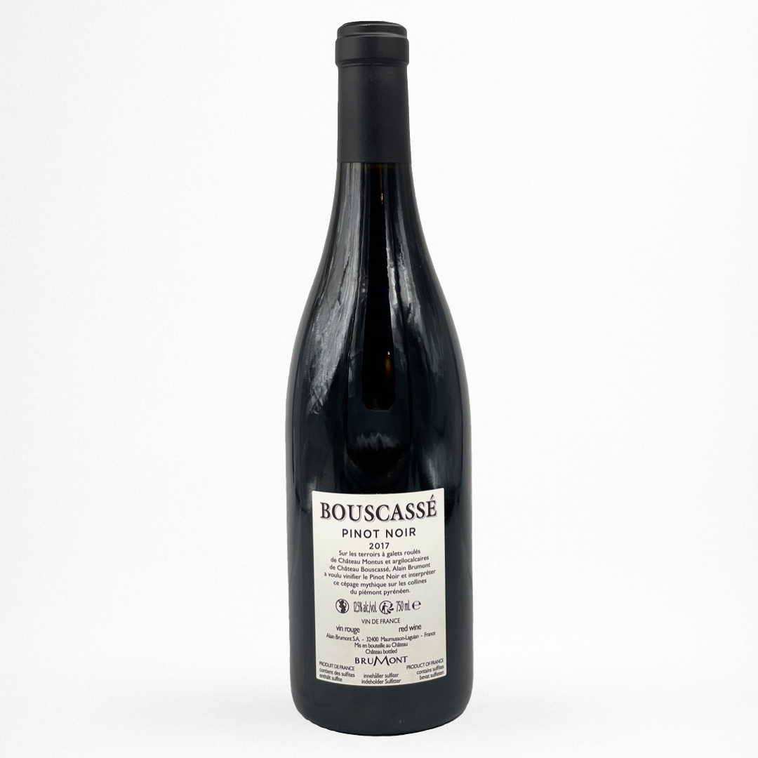Château Bouscassé Pinot Noir contre etiquette– Vin de France rouge élégant, notes de cerise et framboise, tanins fins — bouteille 75 cl