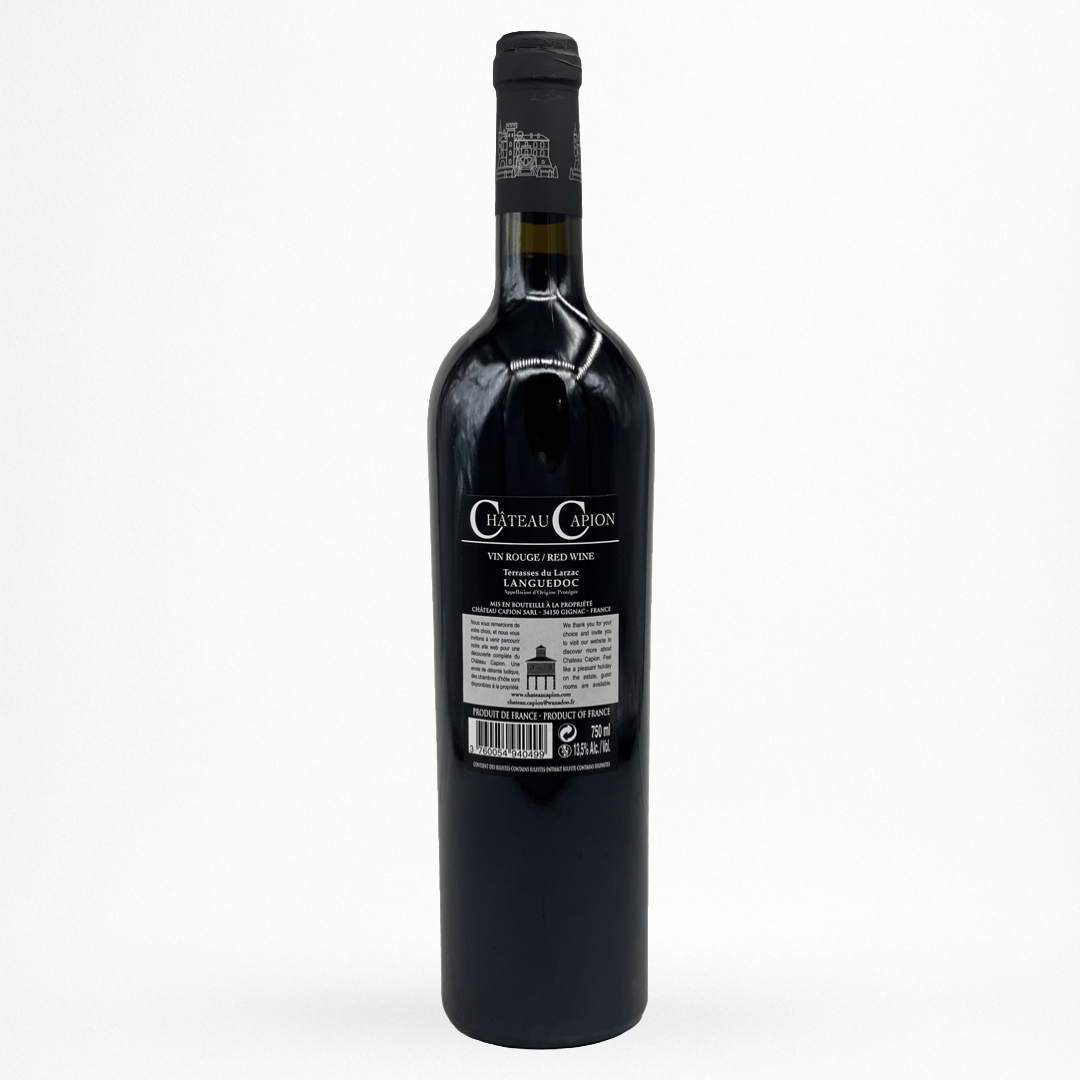 Château Capion – Terrasses du Larzac AOP, vin rouge (contre etiquette de bouteille sur fond blanc)
