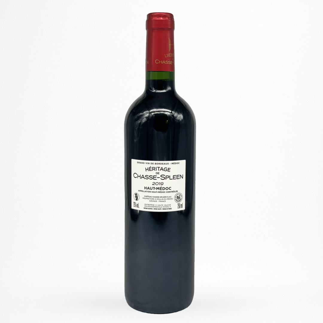 Château Chasse-Spleen Héritage 2019 Haut-Médoc — contre etiquette bouteille de vin rouge sur fond blanc