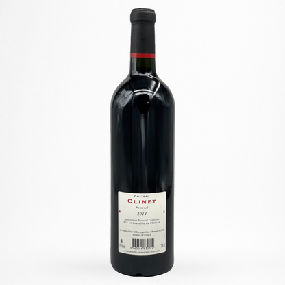 Château Clinet Pomerol 2014 – vin rouge, contre etiquette de la bouteille sur fond blanc