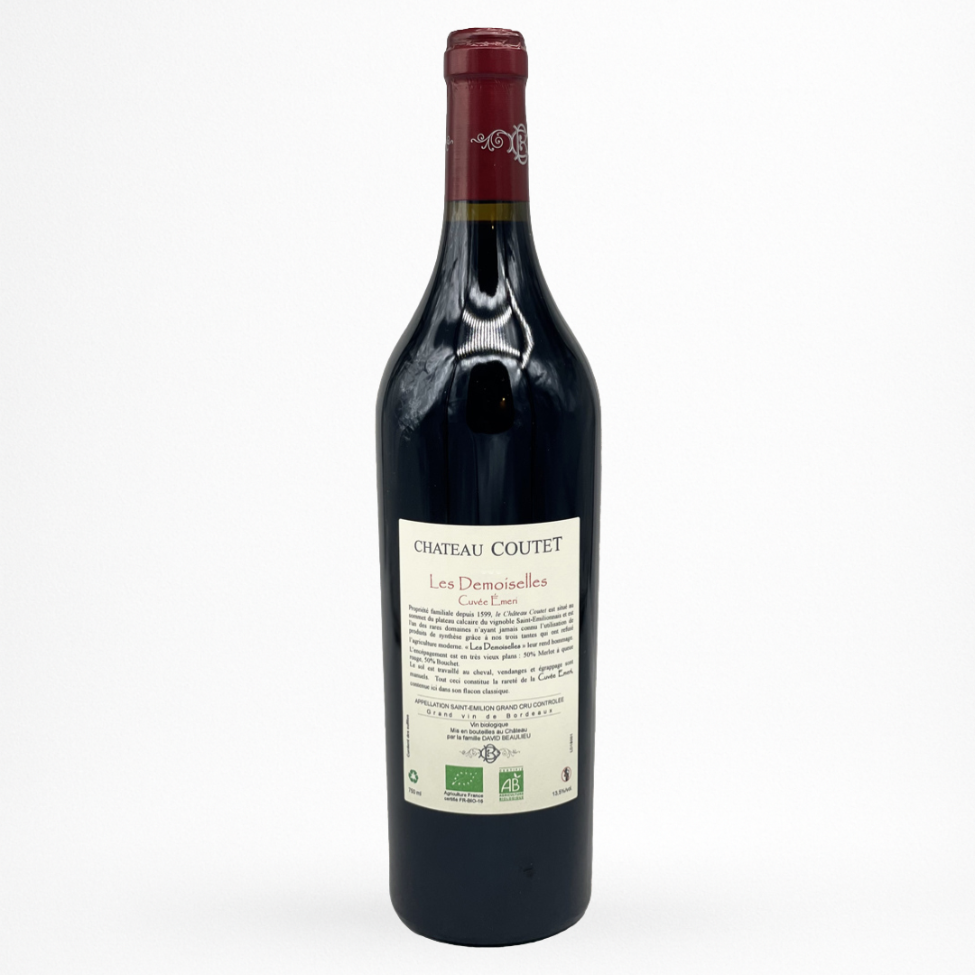 Château Coutet Les Demoiselles Cuvée Éméri – Saint-Émilion Grand Cru, contre etiquette de vin rouge sur fond blanc.
