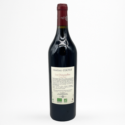 Château Coutet Les Demoiselles Cuvée Éméri – Saint-Émilion Grand Cru, contre etiquette de vin rouge sur fond blanc.