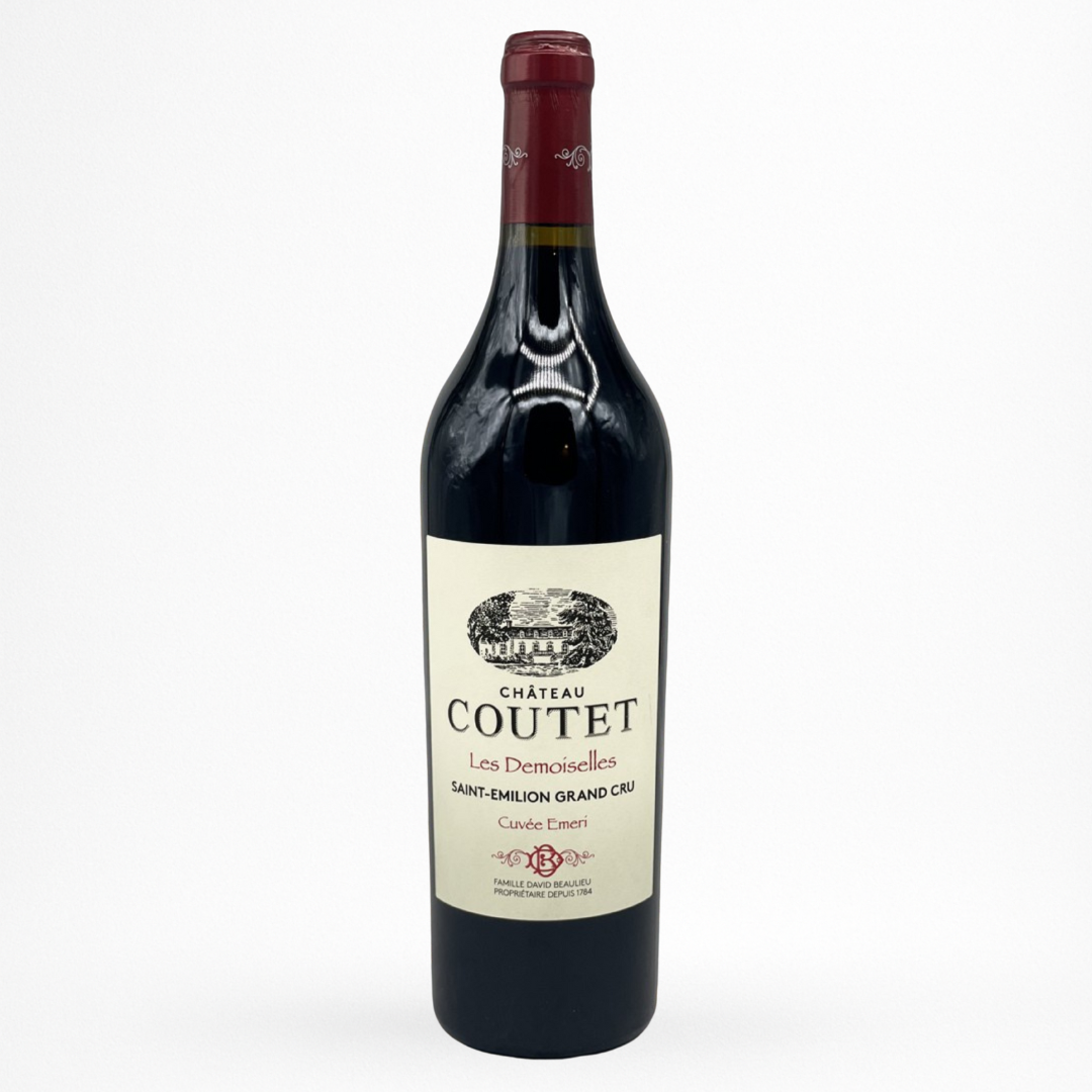 Château Coutet Les Demoiselles Cuvée Éméri – Saint-Émilion Grand Cru, bouteille de vin rouge sur fond blanc.