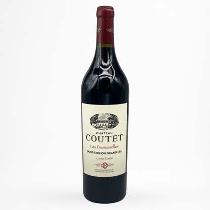 Château Coutet Les Demoiselles Cuvée Éméri – Saint-Émilion Grand Cru, bouteille de vin rouge sur fond blanc.
