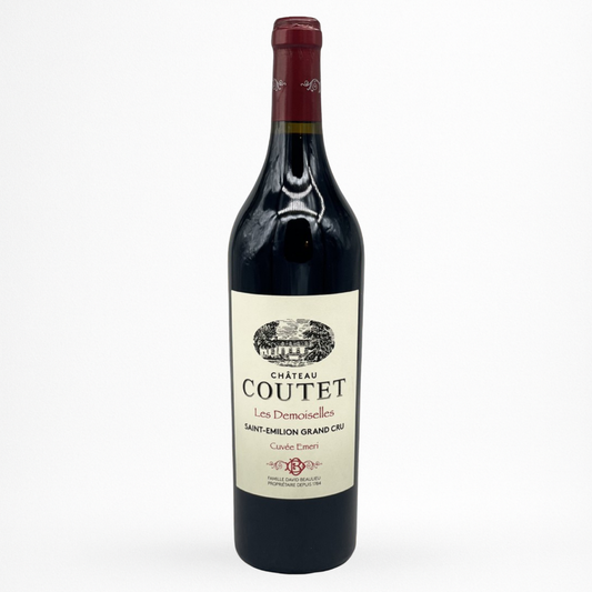 Château Coutet Les Demoiselles Cuvée Éméri – Saint-Émilion Grand Cru, bouteille de vin rouge sur fond blanc.