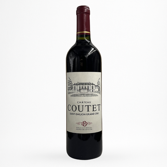 Château Coutet – Saint-Émilion Grand Cru (vin rouge, Bordeaux) – photo de la bouteille sur fond blanc.