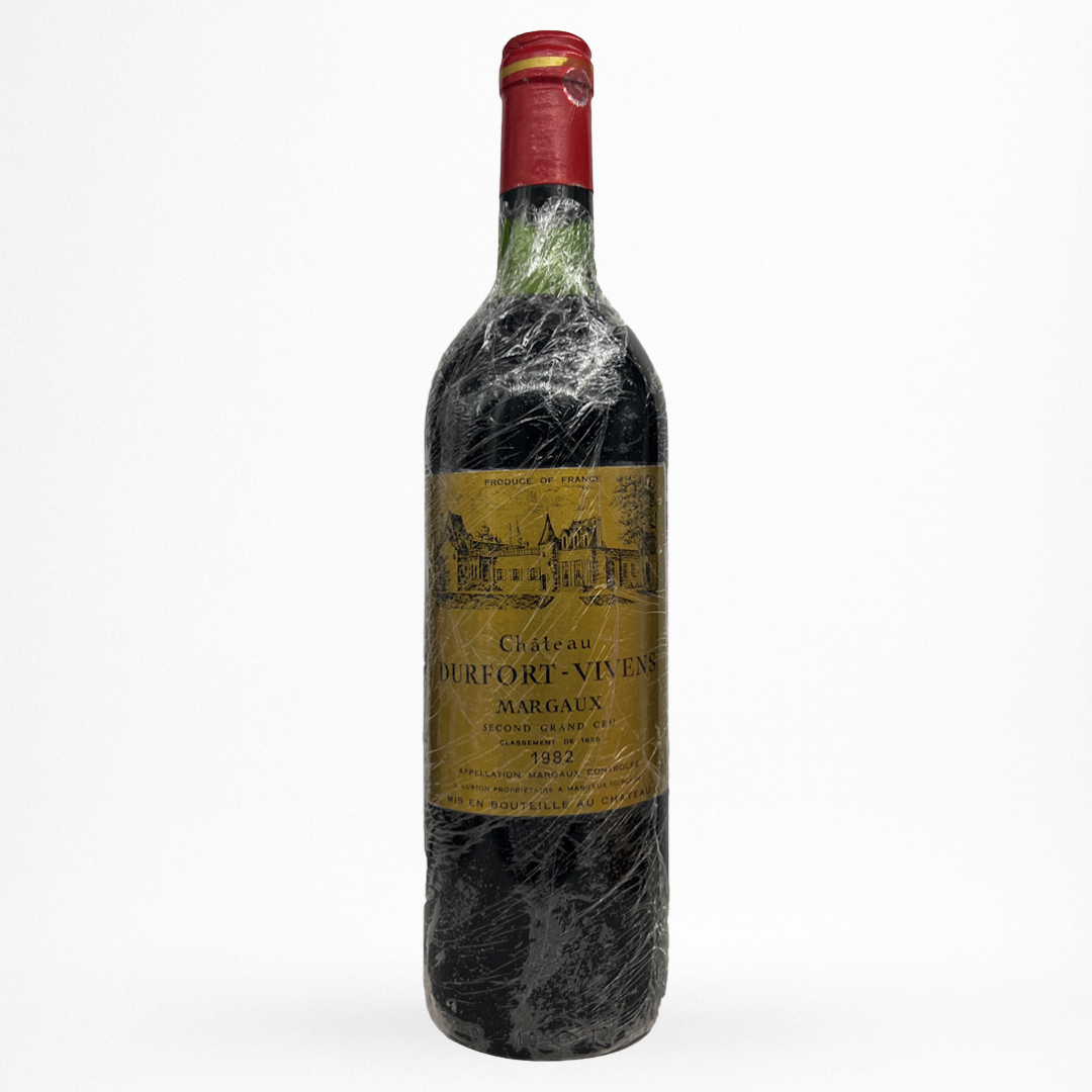 Château Durfort-Vivens 1982 – Margaux (Deuxième Grand Cru Classé 1855), vin rouge de Bordeaux, bouteille ancienne packshot sur fond blanc