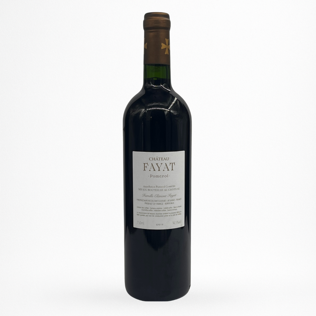 Contre etiquette de vin Château Fayat 2019 en appellation Pomerol posée sur fond blanc