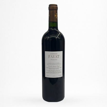 Contre etiquette de vin Château Fayat 2019 en appellation Pomerol posée sur fond blanc