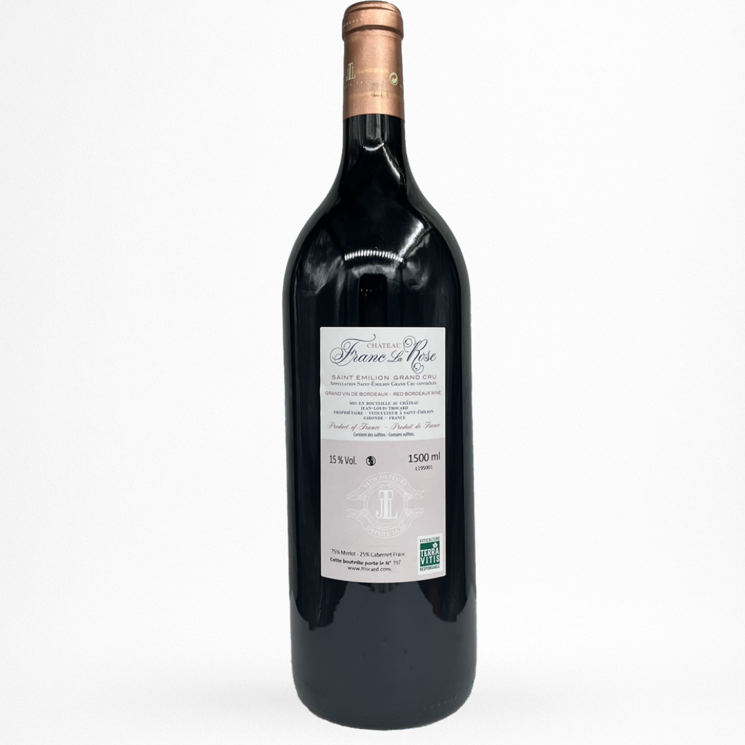 Contre etiquette de vin Château Franc la Rose 2019 en magnum Saint-Emilion Grand Cru sur fond blanc