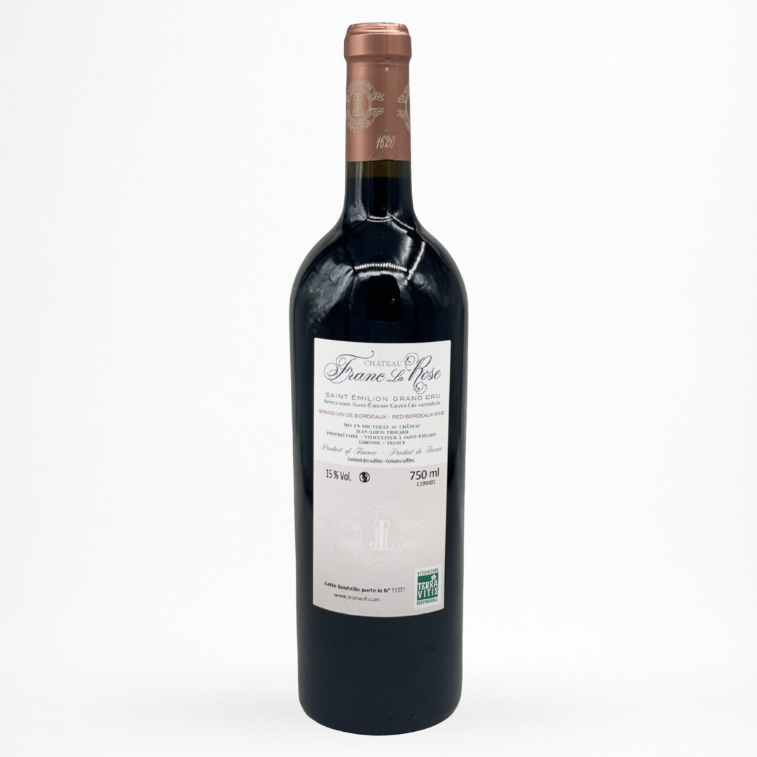 Contre etiquette de vin Château Franc la Rose 2021 en Saint-Emilion Grand Cru sur fond blanc