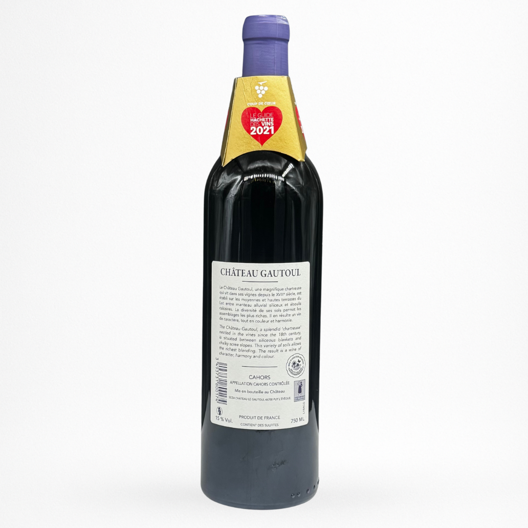 Château Gautoul Cahors AOC — vin rouge du Sud-Ouest, bouteille 75 cl, coup de cœur Guide Hachette, fond blanc