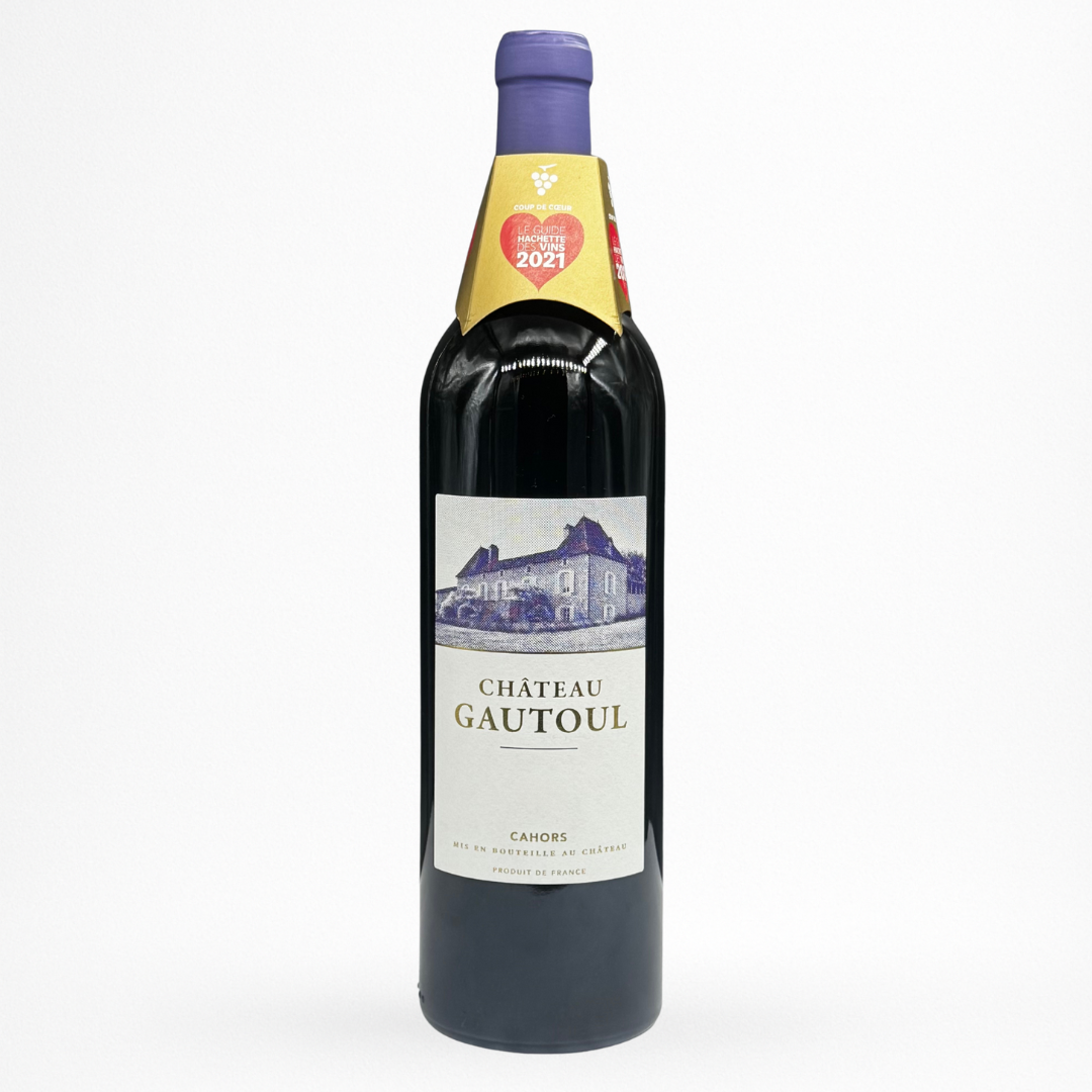 Château Gautoul Cahors AOC — vin rouge du Sud-Ouest, bouteille 75 cl, coup de cœur Guide Hachette, fond blanc