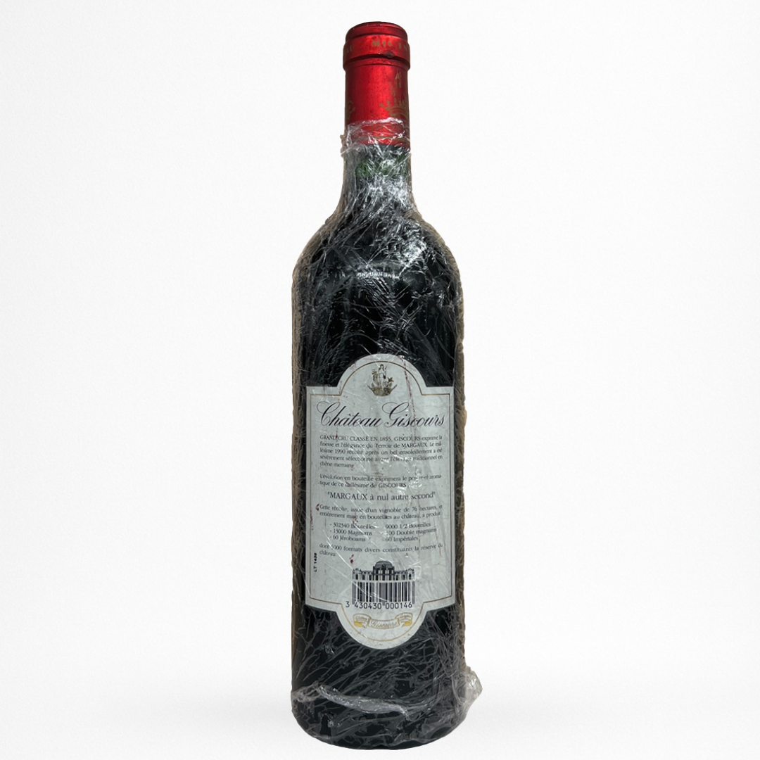 Château Giscours 1990 – Margaux (Grand Cru Classé 1855), vin rouge de Bordeaux, contre etiquette bouteille ancienne packshot sur fond blanc