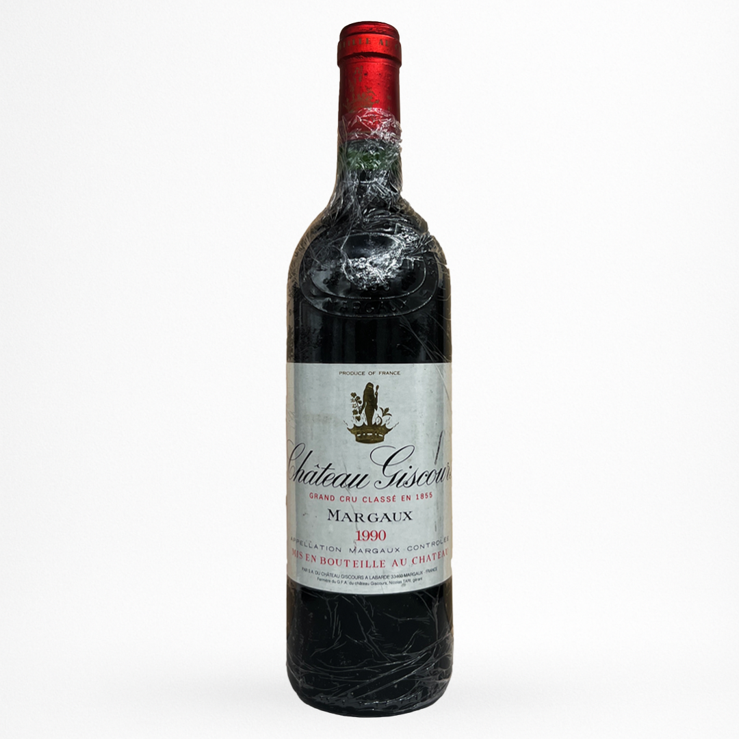 Château Giscours 1990 – Margaux (Grand Cru Classé 1855), vin rouge de Bordeaux, bouteille ancienne packshot sur fond blanc