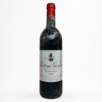 Château Giscours 1990 – Margaux (Grand Cru Classé 1855), vin rouge de Bordeaux, bouteille ancienne packshot sur fond blanc