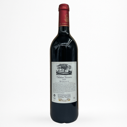 Château Giscours 2005 – Margaux (Grand Cru Classé 1855), vin rouge de Bordeaux, contre etiquette bouteille ancienne packshot sur fond blanc