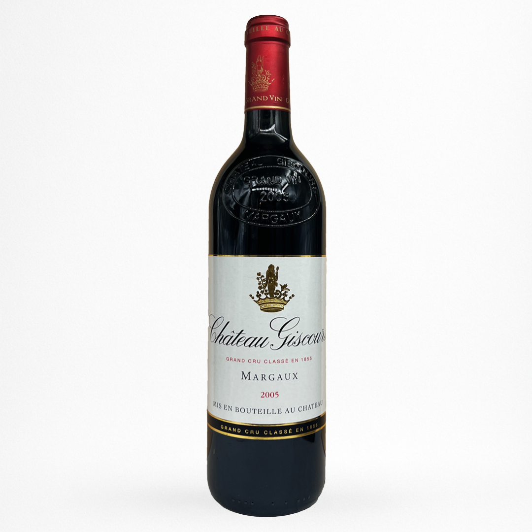 Château Giscours 2005 – Margaux (Grand Cru Classé 1855), vin rouge de Bordeaux, bouteille ancienne packshot sur fond blanc