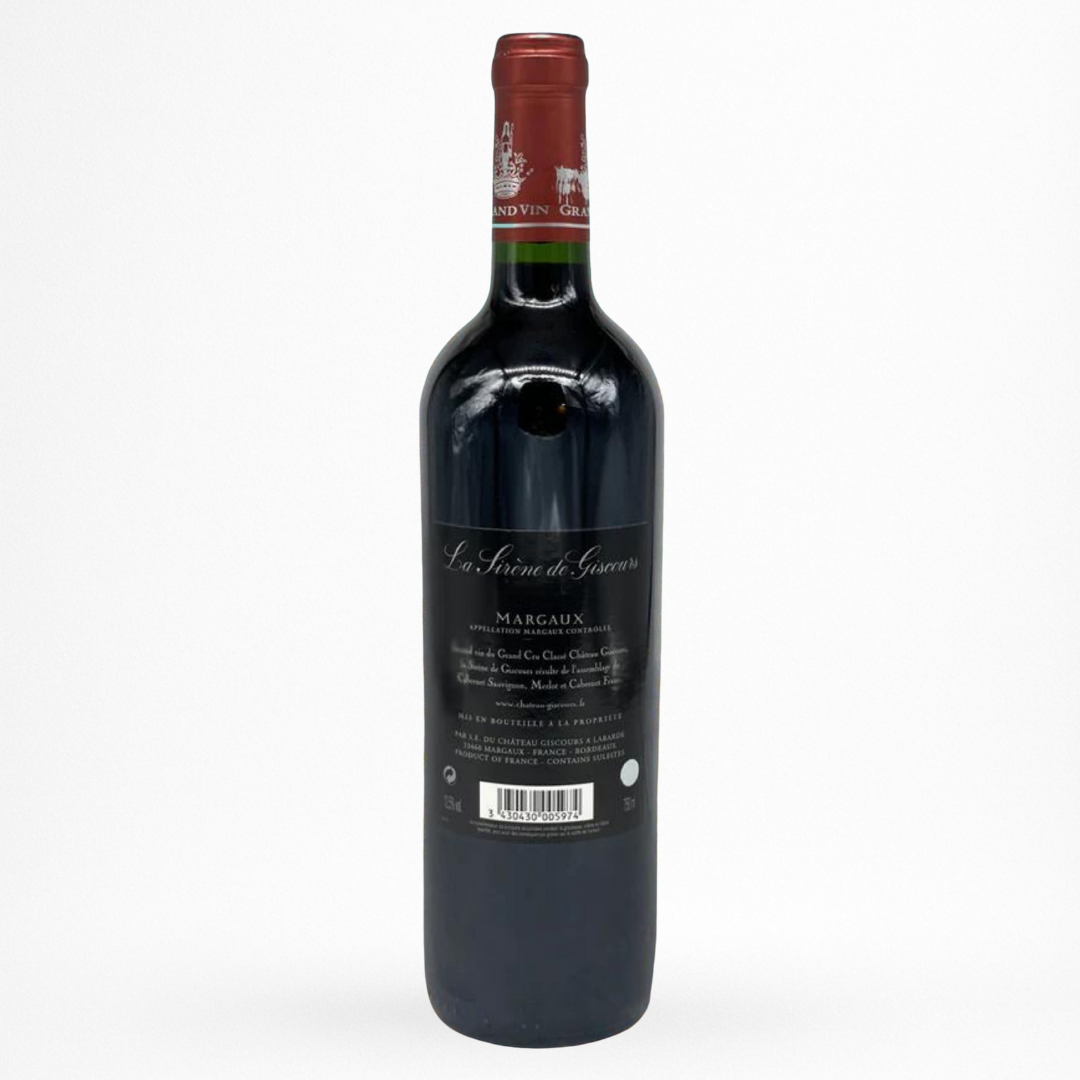 Contre étiquette de vin Château Giscours La Sirène de Giscours 2014 en Margaux sur fond blanc