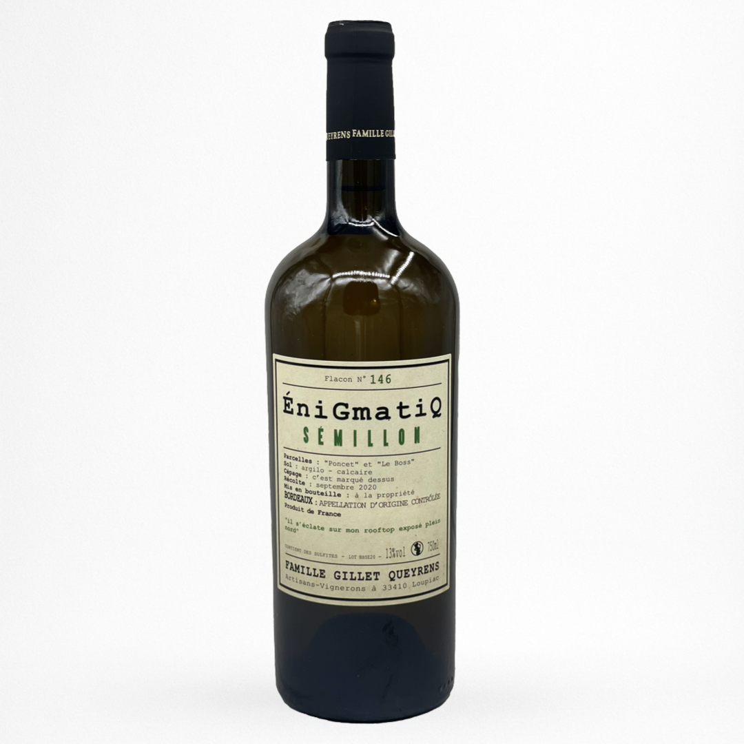 Bouteille de vin Château Grand Peyruchet EniGmatiQ 2022 en blanc sec Bordeaux sur fond blanc