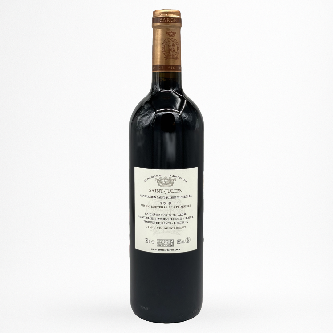 Sarget de Gruaud-Larose 2019 – Saint-Julien, second vin du Château Gruaud-Larose, contre etiquette vin rouge de Bordeaux, bouteille packshot sur fond blanc
