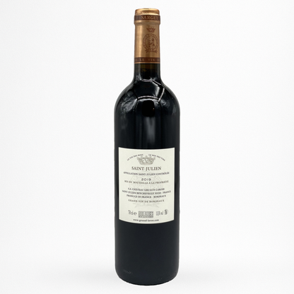 Sarget de Gruaud-Larose 2019 – Saint-Julien, second vin du Château Gruaud-Larose, contre etiquette vin rouge de Bordeaux, bouteille packshot sur fond blanc
