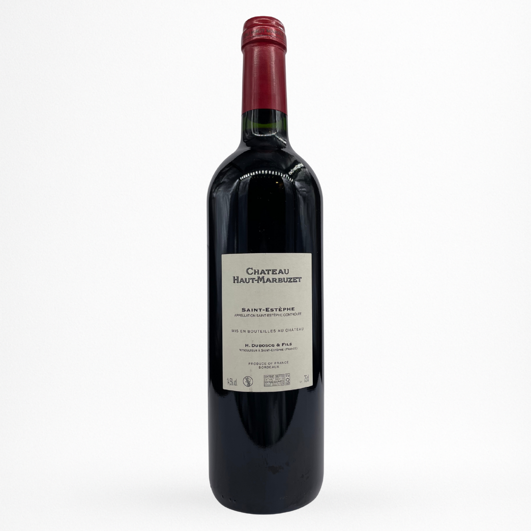 Château Haut-Marbuzet 2018 – Saint-Estèphe, vin rouge de Bordeaux, bouteille packshot sur fond blanc, contre étiquette illustrée du château