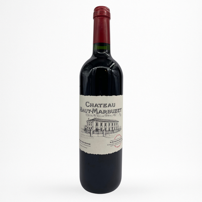 Château Haut-Marbuzet 2018 – Saint-Estèphe, vin rouge de Bordeaux, bouteille packshot sur fond blanc, étiquette illustrée du château