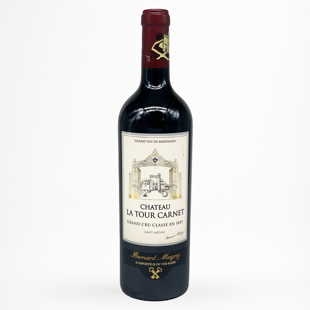 Château La Tour Carnet 2019 – Haut-Médoc, Grand Cru Classé 1855, vin rouge de Bordeaux, bouteille packshot sur fond blanc, capsule bordeaux, étiquette crème avec château