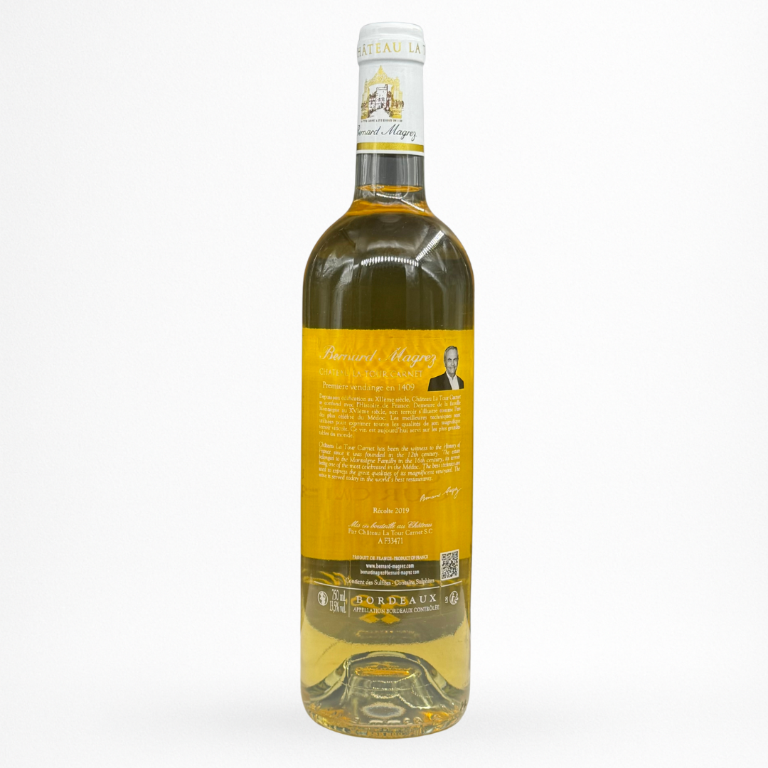 Château La Tour Carnet 2019 — Bordeaux Blanc AOC, contre etiquette bouteille 75 cl sur fond blanc
