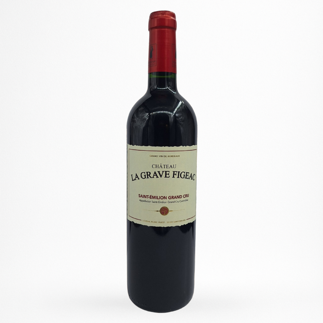 Château La Grave Figeac 2020 – Saint-Émilion Grand Cru, vin rouge, bouteille packshot sur fond blanc, capsule rouge, étiquette beige