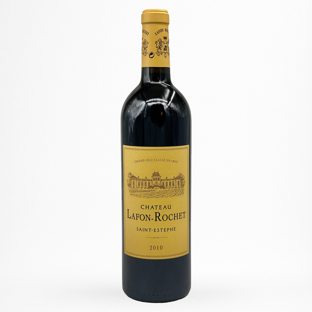 Château Lafon-Rochet 2010 – Saint-Estèphe, Grand Cru Classé 1855, vin rouge de Bordeaux, bouteille packshot sur fond blanc, étiquette et capsule jaunes, millésime 2010
