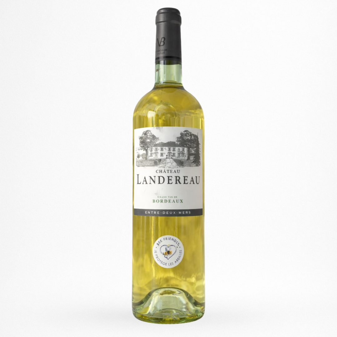 Château Landereau Blanc 2024 – Entre-Deux-Mers, vin blanc de Bordeaux, bouteille packshot sur fond blanc, étiquette château illustrée, mention Bee Friendly