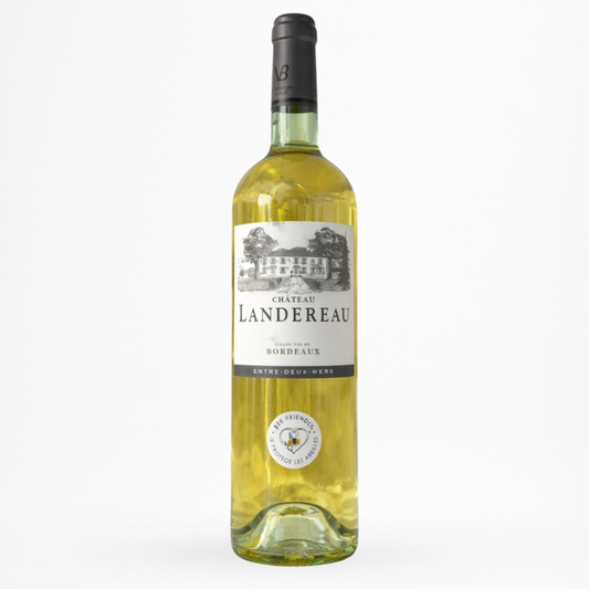 Château Landereau Blanc 2024 – Entre-Deux-Mers, vin blanc de Bordeaux, bouteille packshot sur fond blanc, étiquette château illustrée, mention Bee Friendly