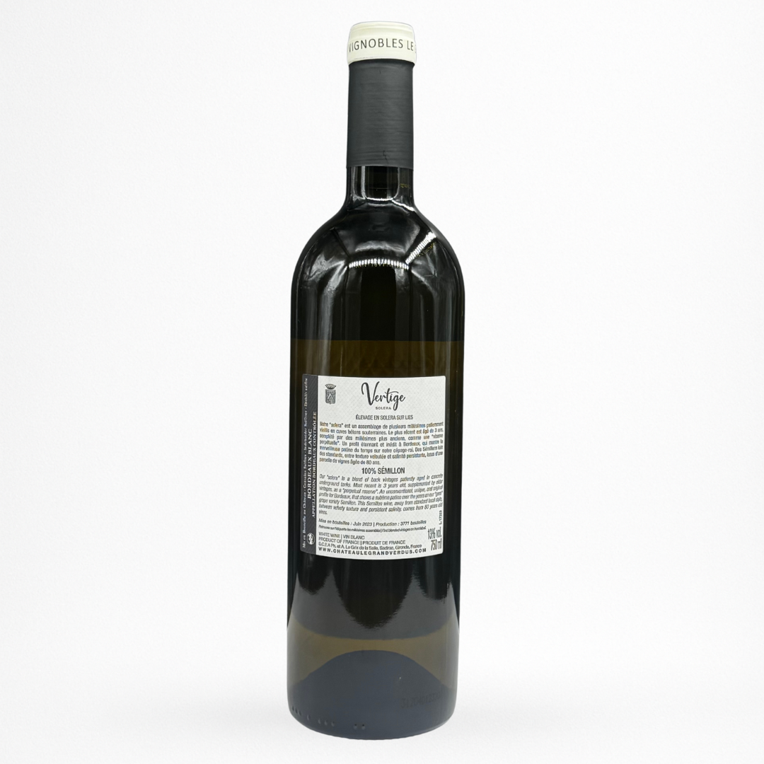 Château Le Grand Verdus Vertige Solera NV — Bordeaux AOC, vin blanc, contre etiquette bouteille 75 cl sur fond blanc
