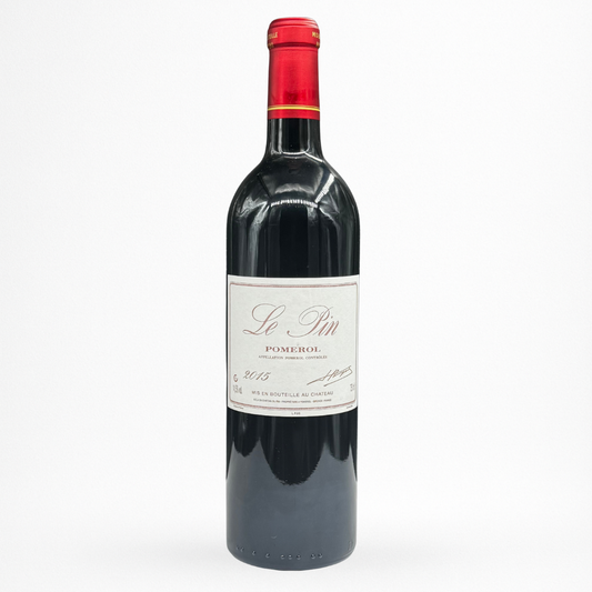Château Le Pin 2015 – Pomerol (AOC), grand vin rouge de Bordeaux, bouteille 75 cl sur fond blanc, capsule rouge.