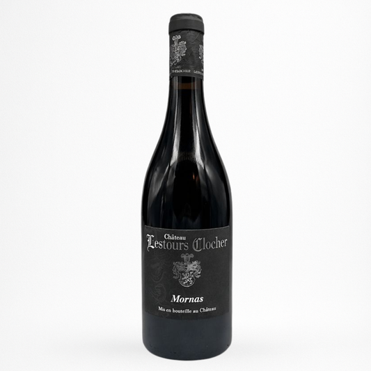 Bouteille de vin rouge Château Lestours Clocher Mornas 2022, étiquette noire avec blason, capsule noire, fond blanc