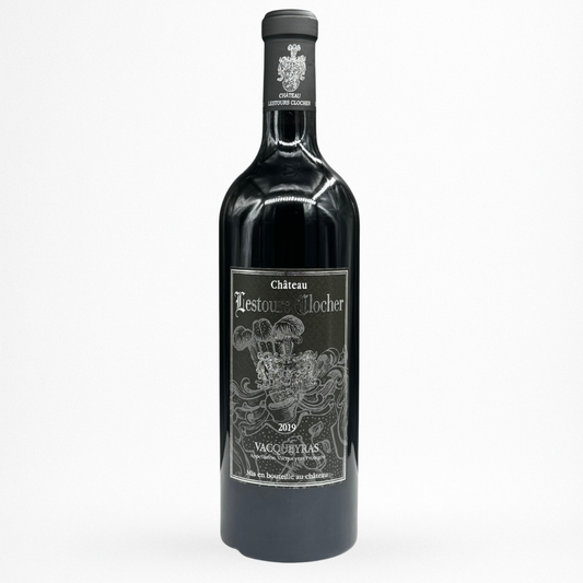 Château Lestours Clocher Vacqueyras rouge – AOC Vacqueyras, vin rouge du Rhône, bouteille 75 cl, packshot sur fond blanc.
