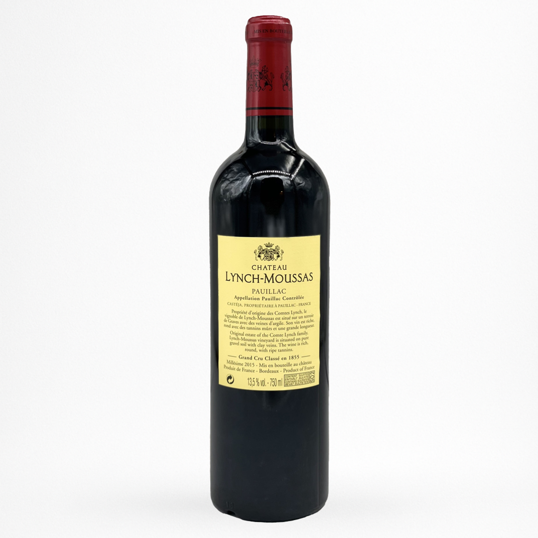 Château Lynch-Moussas 2015 – Pauillac AOC (Grand Cru Classé 1855), vin rouge de Bordeaux, contre etiquette bouteille 75 cl, capsule rouge bordeaux, packshot sur fond blanc.