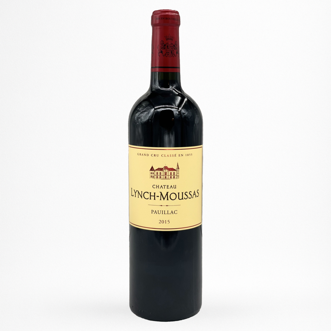 Château Lynch-Moussas 2015 – Pauillac AOC (Grand Cru Classé 1855), vin rouge de Bordeaux, bouteille 75 cl, capsule rouge bordeaux, packshot sur fond blanc.